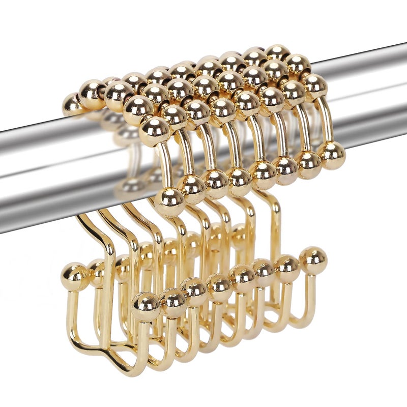 Yapicoco Shower Curtain Hooks Rings for Bathroom, 12PCS Stainless Steel Metal Rust Resistant Balance Sliding Double Curtain Hooks (Gold) - Image 1